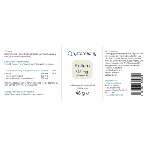 Etikett Kalium 2025 Kaliumchlorid Kaliumhydrogencarbonat Ohne Zusatzstoffe Laborgeprüft Histaminintoleranz