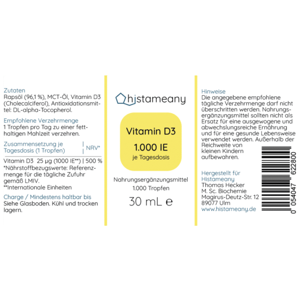 Vitamin D3 Tropfen 1.000 i.E. mit Rapsöl Histaminintoleranz Salicylatintoleranz laborgeprüft