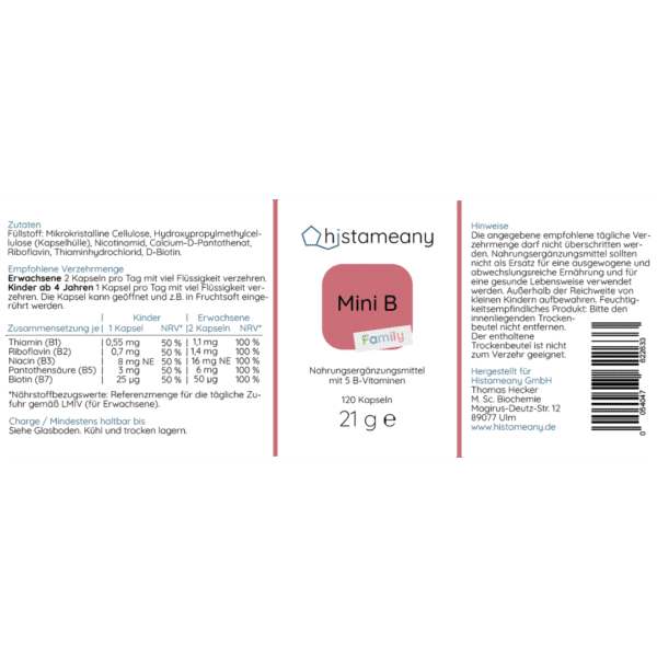 Etikett Inhaltsstoffe Mini B Family B-Komplex ohne Methylgeber ohne Vitamin B6 Für Kinder und Erwachsene