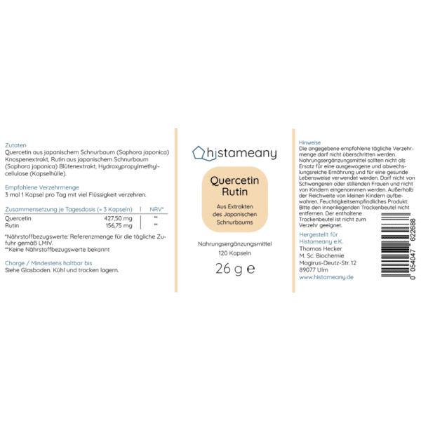 Quercetin Rutin Kapseln Ohne Zusatzstoffe laborgeprüft Histaminintoleranz Antioxidantien Mastzellaktivierung Virusinfekt