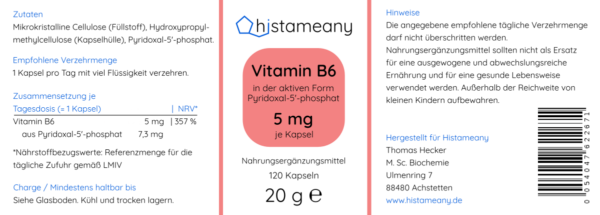 Etikett Vitamin B6 120 Kapseln