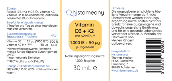 Histameany Vitamin D3+K2 Tropfen