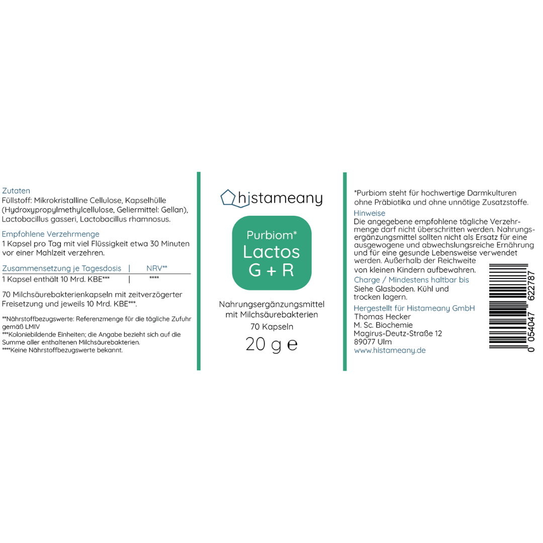 Etikett Purbiom Lactos G+R 2026. Histaminintoleranz Salicylatintoleranz Milchsäurebakterien Lactobazillen L. gasseri L. rhamnosus Ohne Zusatzstoffe