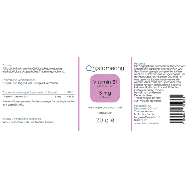 Etikett Vitamin B1 5 mg Thiamin ohne Zusatzstoffe Histameany laborgeprüfte Nahrungsergänzung