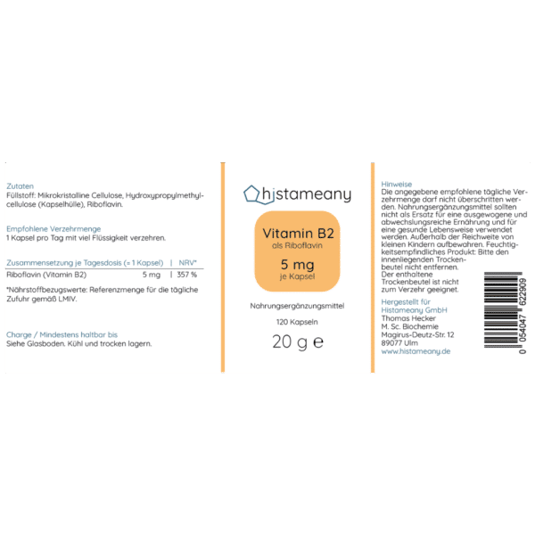 Etikett Vitamin B2 Kapseln 5 mg Laborgeprüft Ohne Zusatzstoffe Histameany