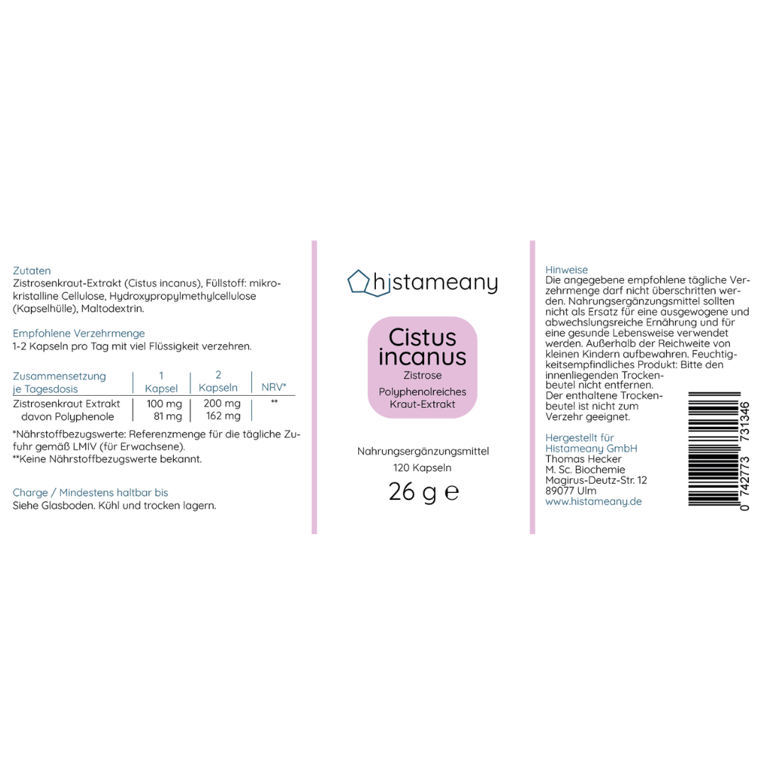 Etikett Cistus incanus Zistrose Kraut Extrakt Polyphenole Histaminintoleranz TH1 TH2 Balance