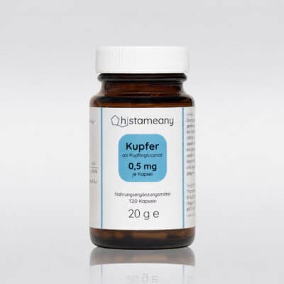 Kupfer 0,5 mg als Kupfergluconat, 120 Kapseln im Braunglas von Histameany, laborgeprüft, geeignet bei Histaminintoleranz