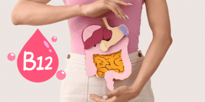 Illustration von Magen, Darm und Leber auf dem Bauch einer Frau neben einem Tropfen mit Vitamin B12